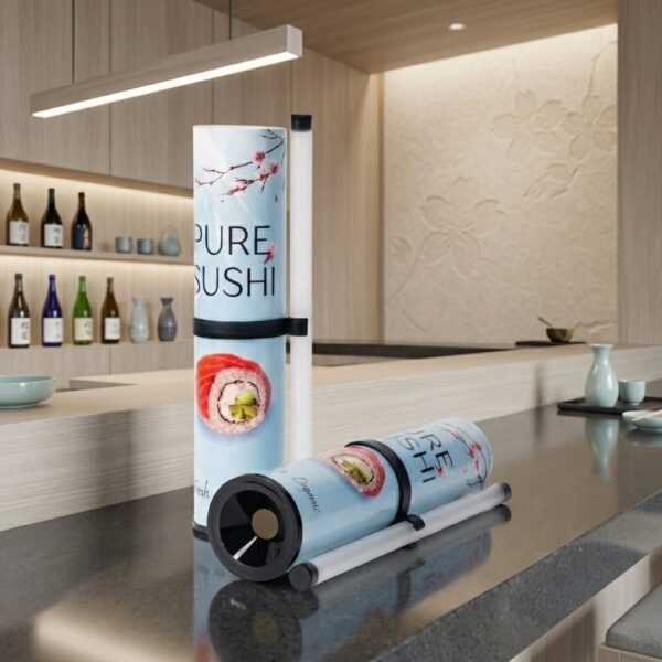 Sushi push-up tubes styled on a modern restaurant bar counter