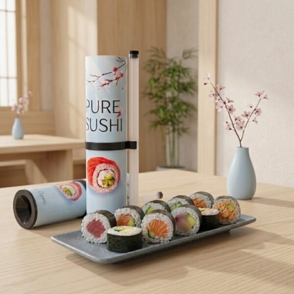 Sushi push-up tube packaging displayed beside a plate of assorted sushi rolls