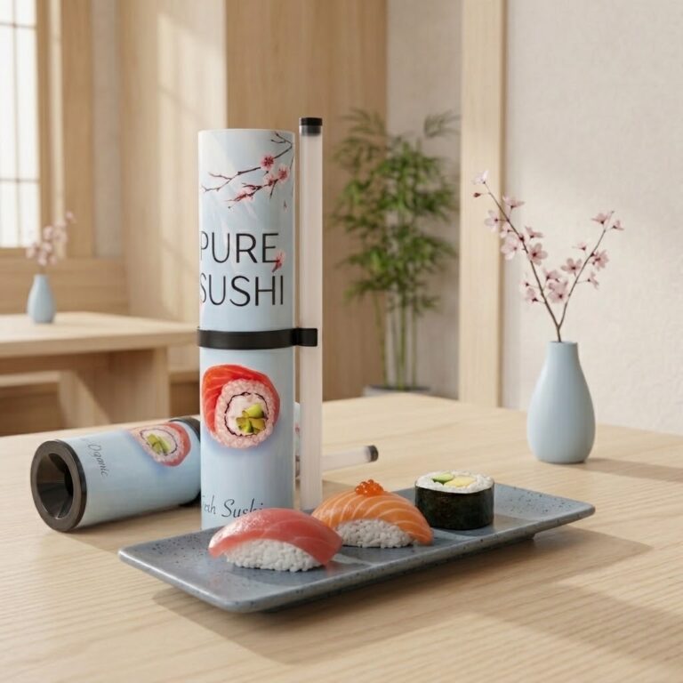Sushi tube packaging on a dining table with nigiri and sashimi sushi