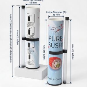 Sushi push-up tube dimensions – 48mm inside diameter, 220mm height, nested dual-tube telescoping design