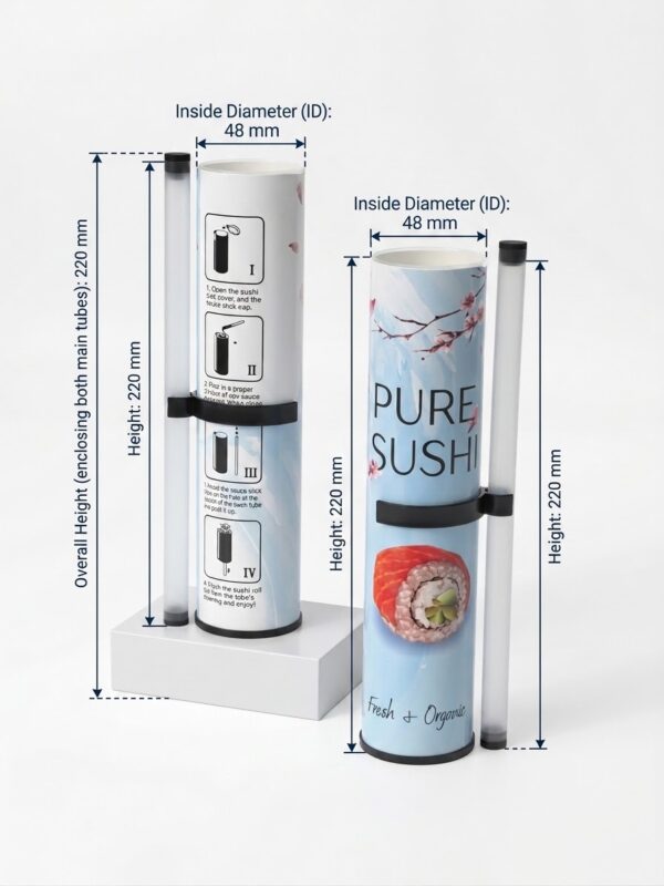 Sushi push-up tube dimensions – 48mm inside diameter, 220mm height, nested dual-tube telescoping design