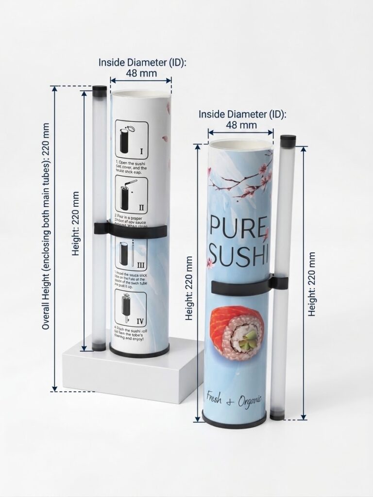 Sushi tube packaging on a dining table with nigiri and sashimi sushi