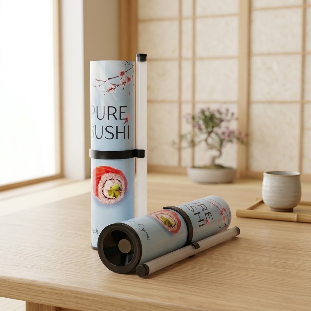 Sushi push-up paper tube presented in a traditional Japanese-style dining setting