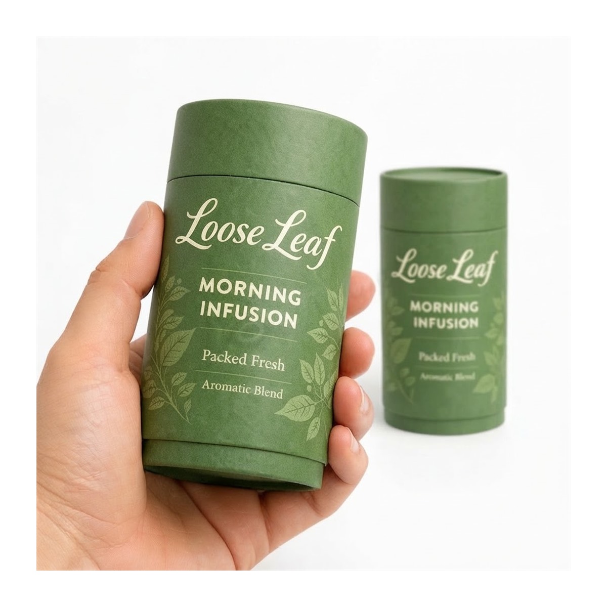 custom green kraft paper tube packaging held in hand Holidaypacfactory