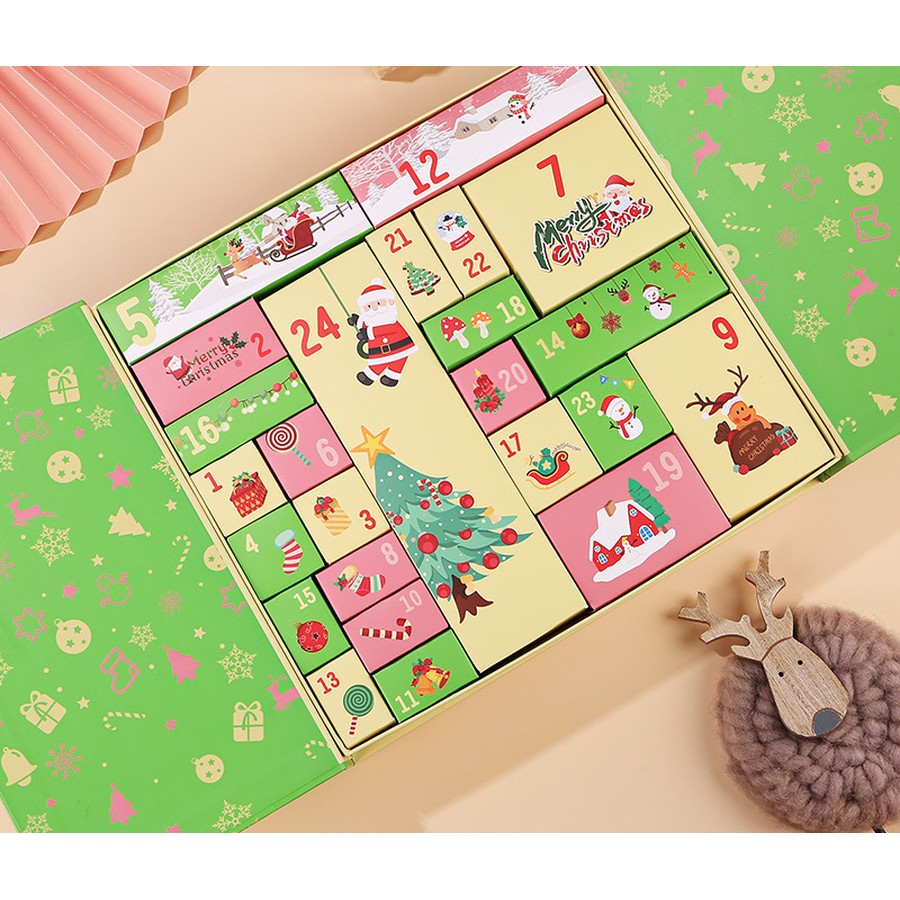 green and pink Christmas countdown advent calendar drawer box Holidaypacfactory