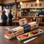 printed sushi takeaway box with carry handle in restaurant setting Holidaypacfactory