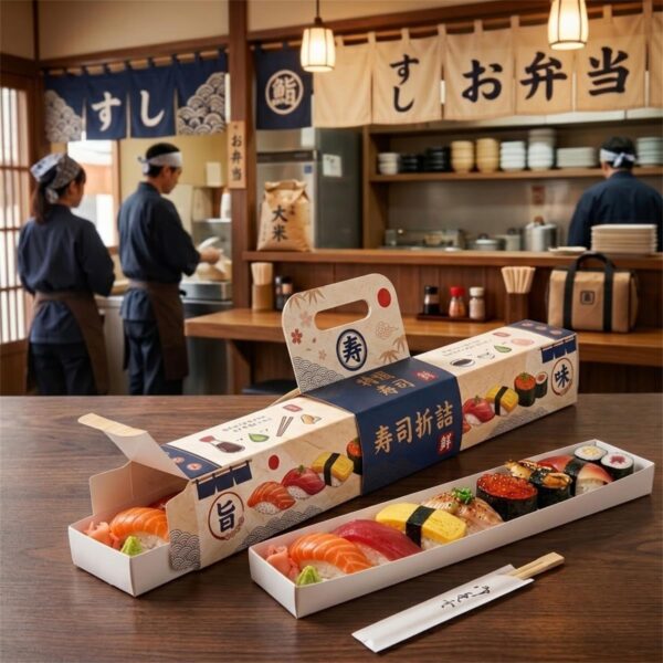printed sushi takeaway box with carry handle in restaurant setting Holidaypacfactory