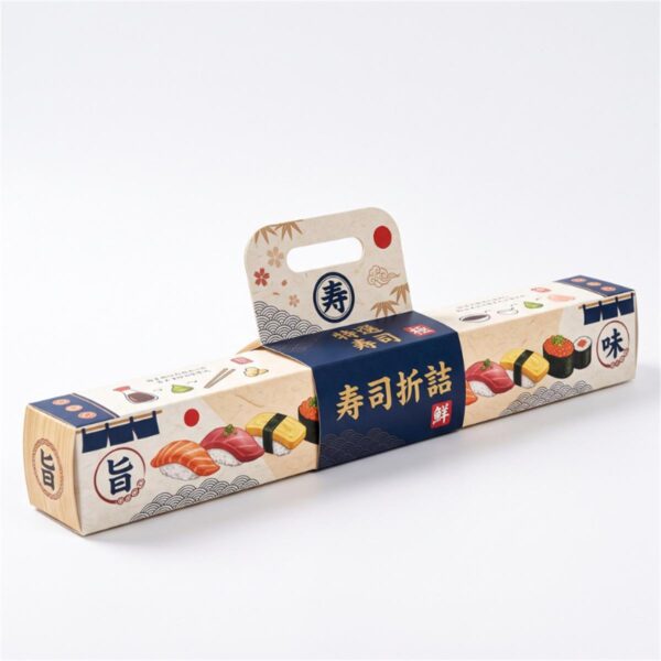 custom printed long sushi takeaway box with built-in carry handle Holidaypacfactory
