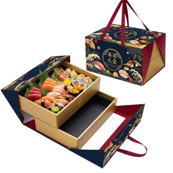 custom sushi and seafood gift box shown open and closed with ribbon handle Holidaypacfactory