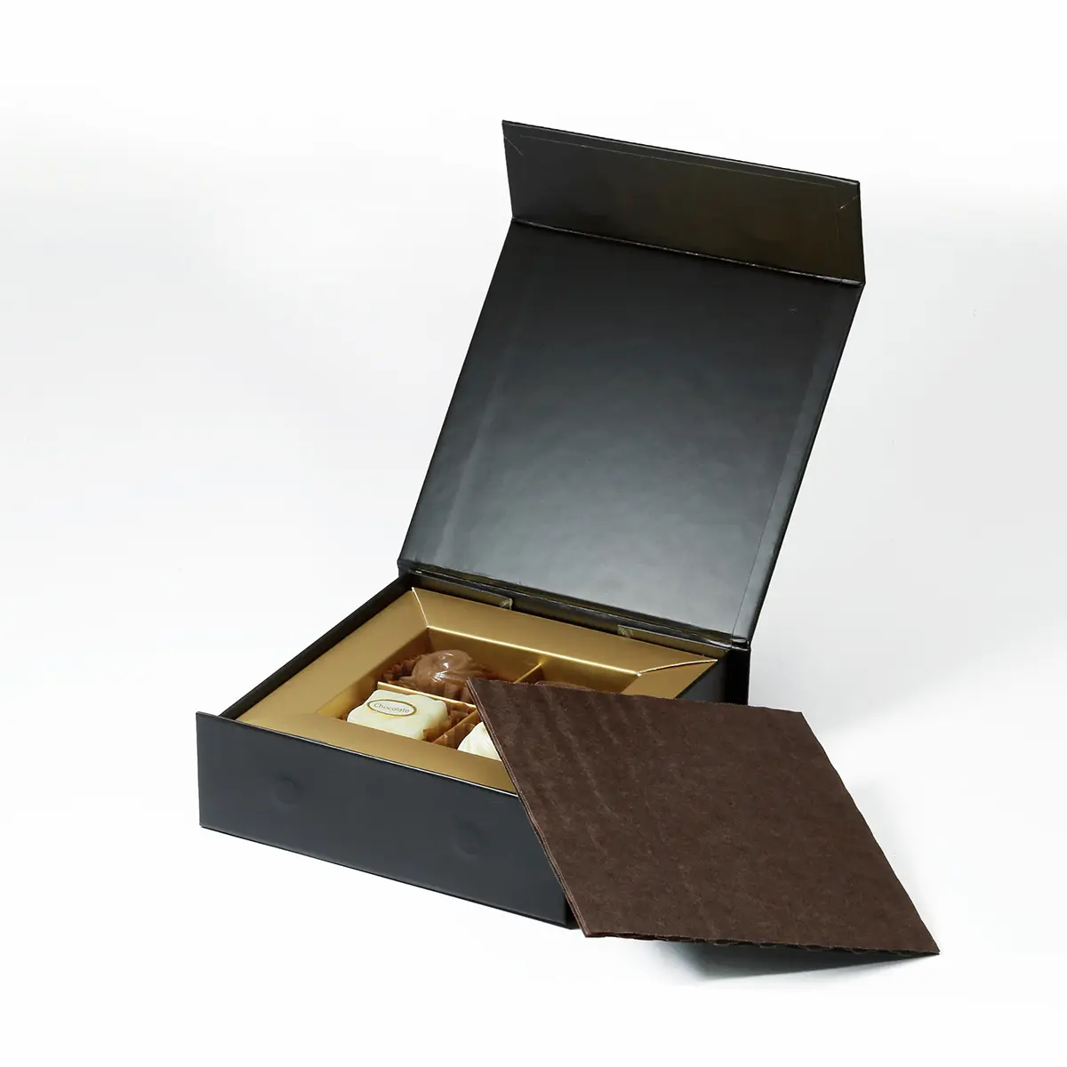 black hinged chocolate box with gold insert and removable protective cover Holidaypacfactory
