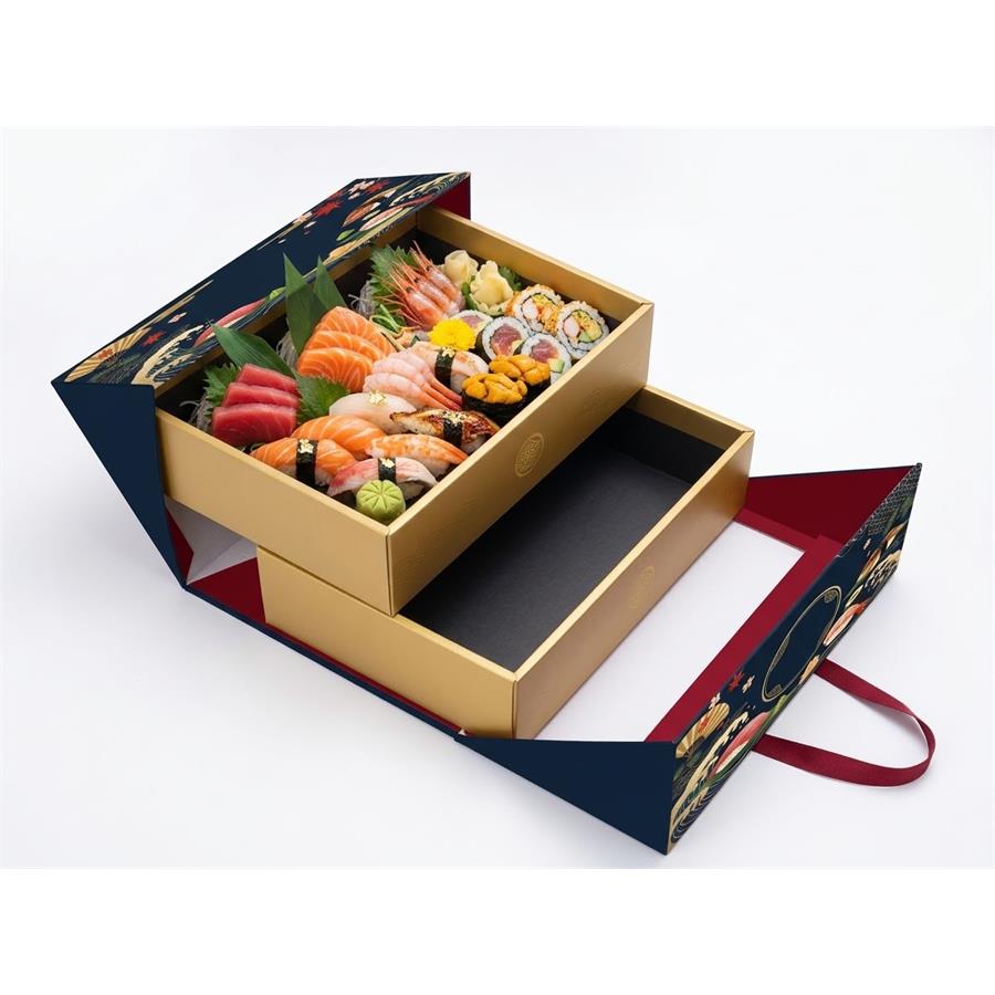 open multi-layer sushi gift box with stacked trays and ribbon handle Holidaypacfactory