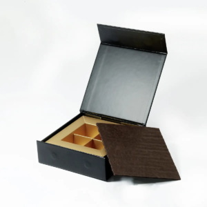 open black rigid chocolate gift box with gold four-cavity insert Holidaypacfactory