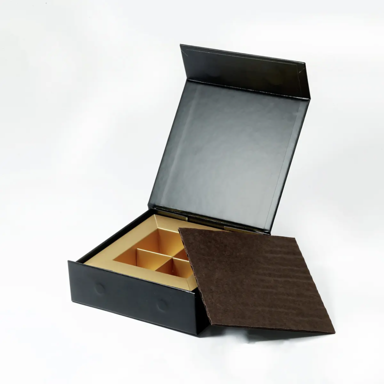 open black rigid chocolate gift box with gold four-cavity insert Holidaypacfactory