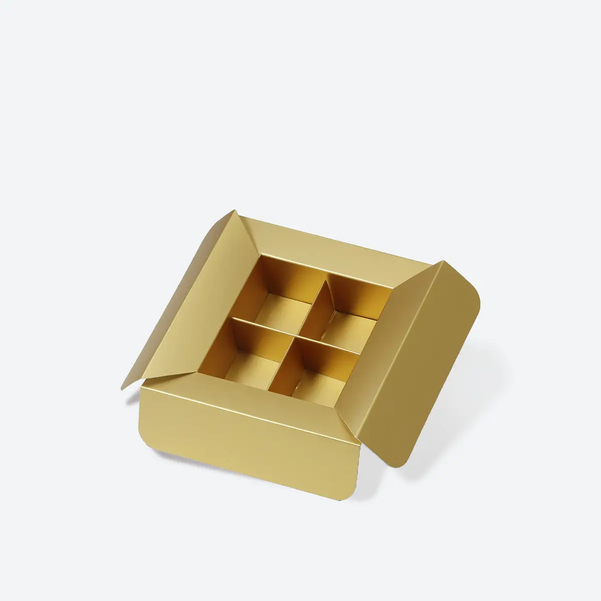 gold four-compartment chocolate tray insert shown outside the rigid box Holidaypacfactory