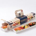 long sushi takeaway box opened with printed sleeve and carry handle Holidaypacfactory