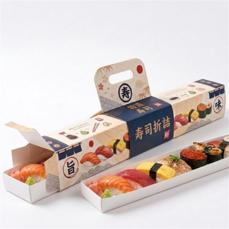 custom printed long sushi takeaway box with built-in carry handle Holidaypacfactory