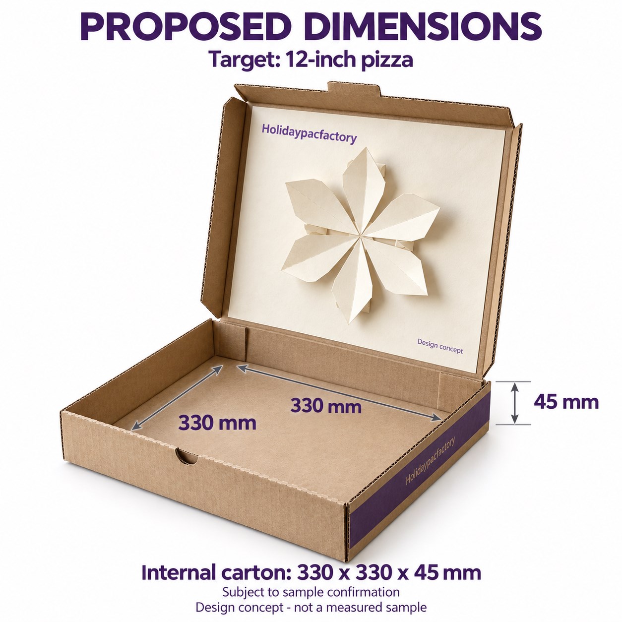 Holidaypacfactory Pop-Up Celebration Pizza Box Concept dimensions