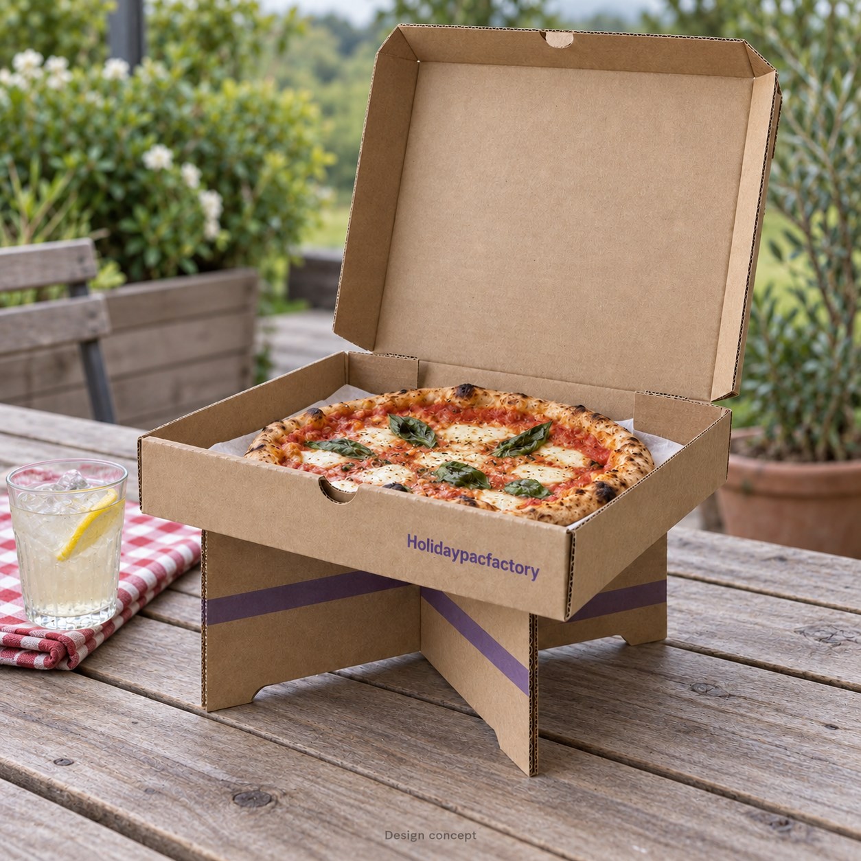 Holidaypacfactory Fold-Out Picnic Table Pizza Box Concept scene