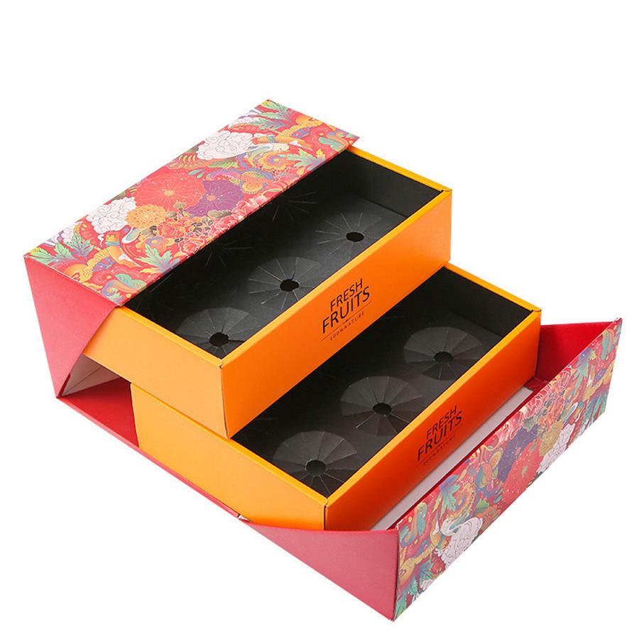 open two-layer fresh fruit gift box with compartment trays and printed sleeve Holidaypacfactory