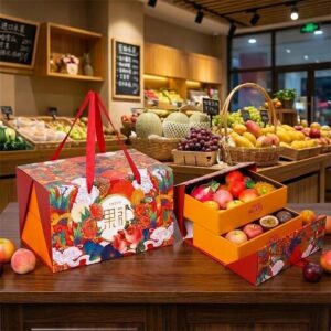 custom multi-layer sushi and fruit gift box with ribbon handle in fresh market setting Holidaypacfactory