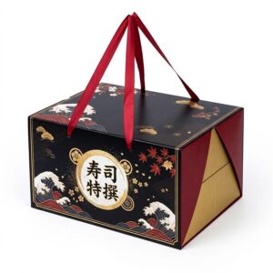 custom black and red sushi gift box with ribbon handle and printed panels Holidaypacfactory